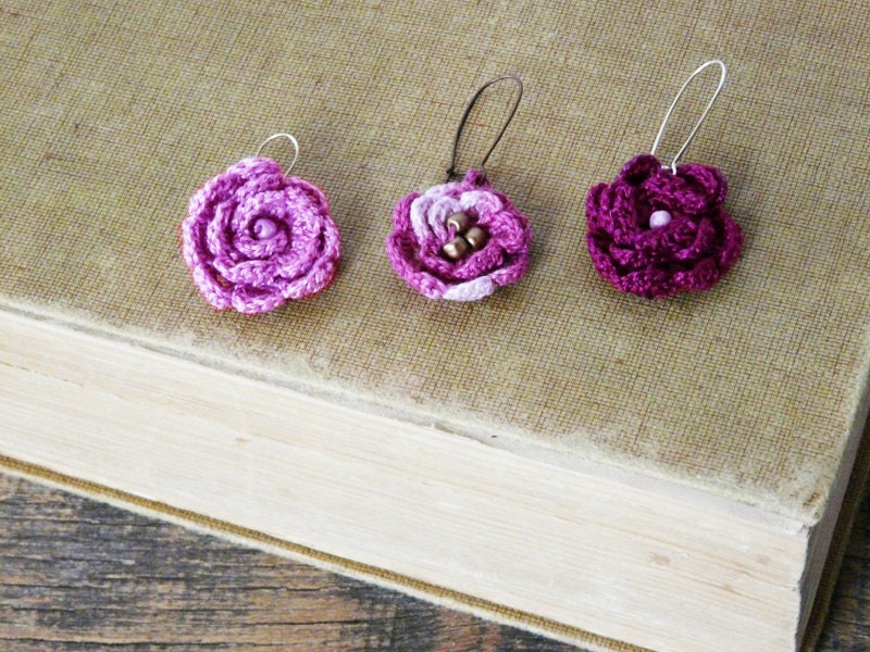 crochet tiny rose earrings bridal flower crocheted earrings choose you color