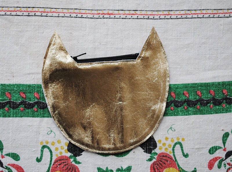Metallic Leather Cat Small Carry All Pouch