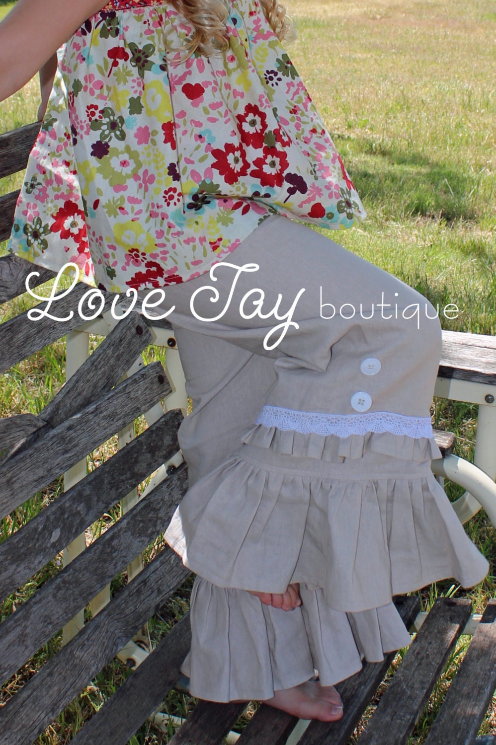 Girls Lilly Ruffler Capri or Pants "Lt Linen" boutique hand made 18 month to 5T.....Love Tay Boutique