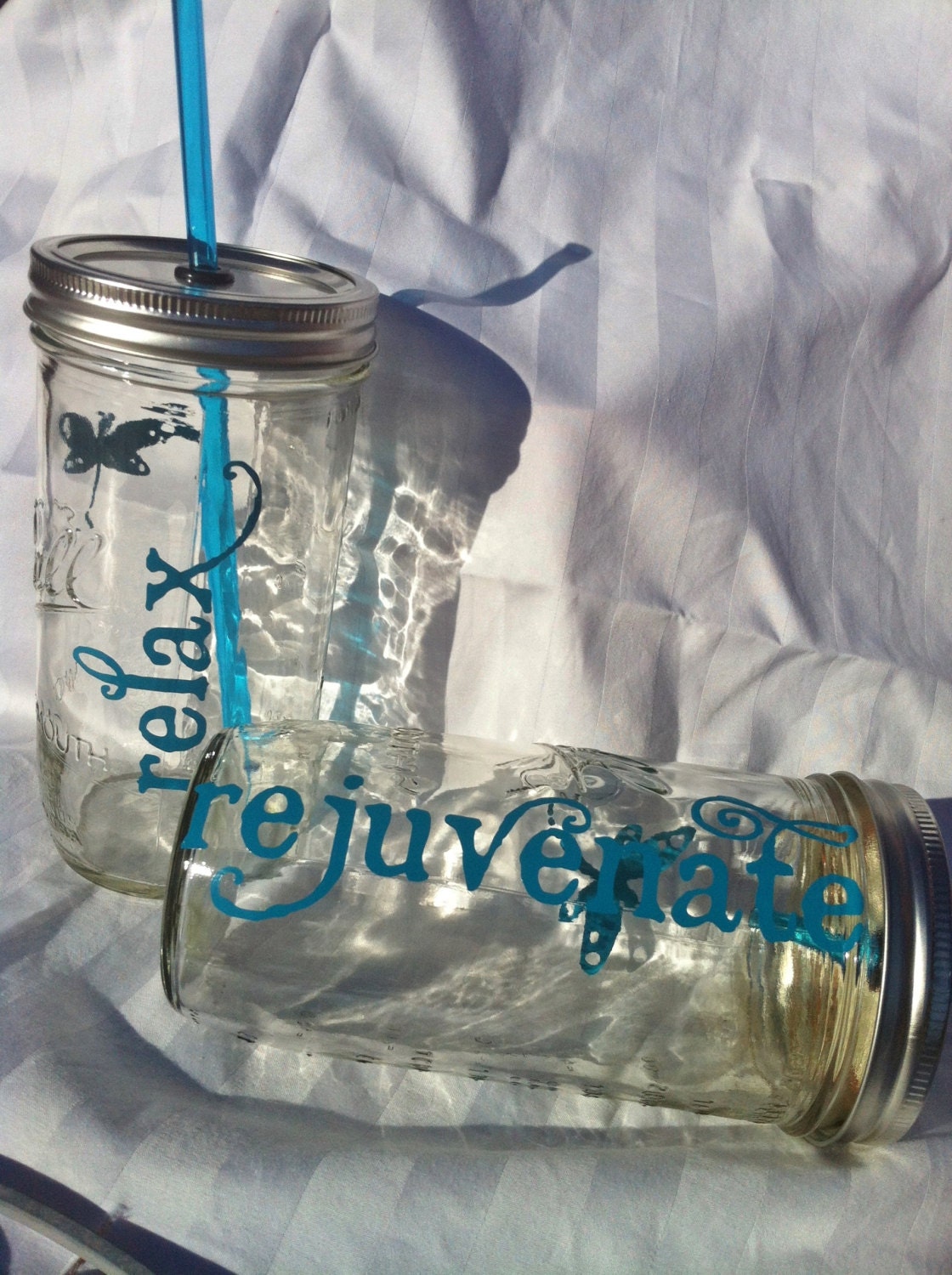 REJUVENATE and RELAX Dragonfly Mason Ball Jar Drink Sipper with BPA Aqua free straw Spa drink 24 oz