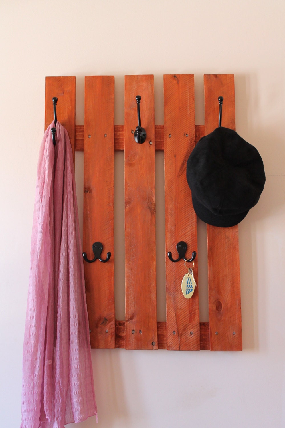 Rustic large coat rack made of recycled pallet wood, black metal hooks, redwood stain handmade