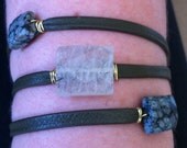 Leather Wrap Bracelet with Semi-Precious Rutilated Quartz and Faceted Jasper