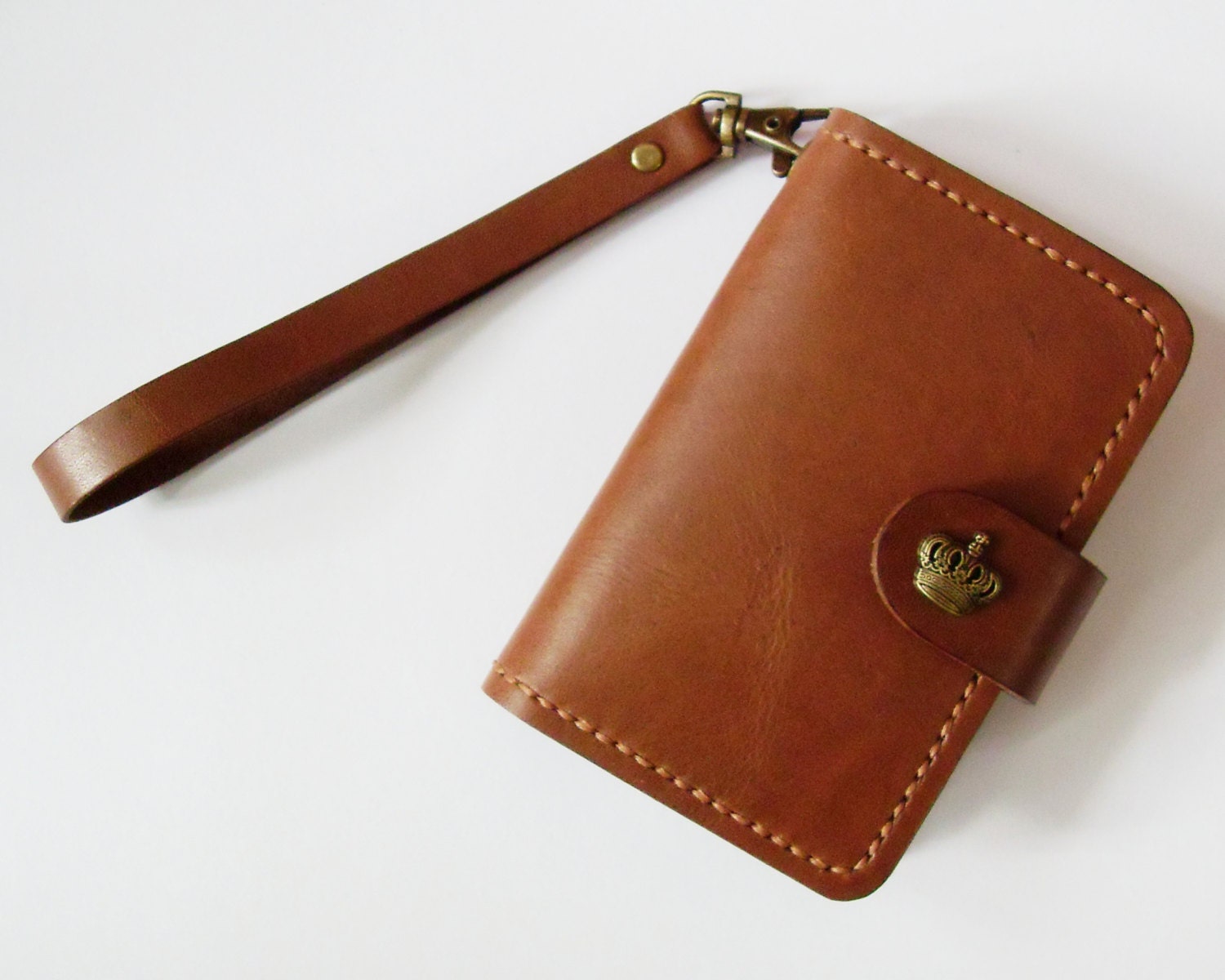 iPhone 4 Wallet - Leather iPhone Case with Crown Button Snap in Brown - for iPhone 4 or iPhone 4s - Handmade & Hand Stitched - Free Monogram