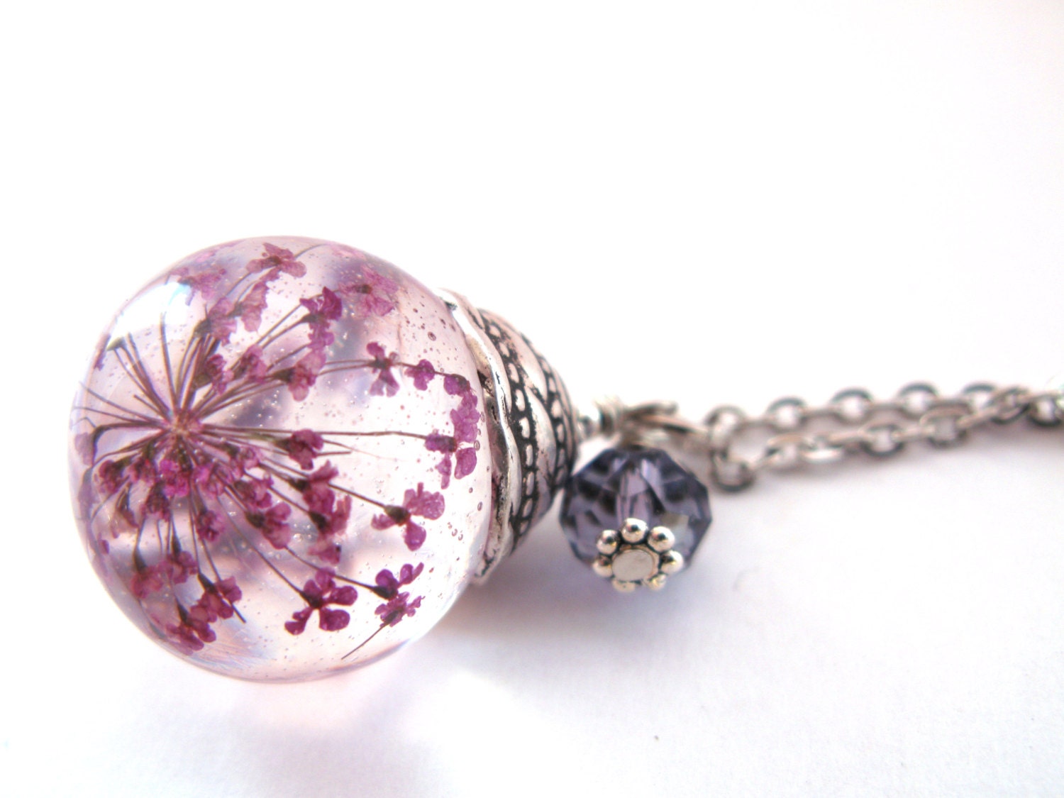 Beautiful Queen Anne's Lace Resin Pendant Necklace Sphere  - Purple Flowers encased in resin orb, Pressed Flower Jewelry