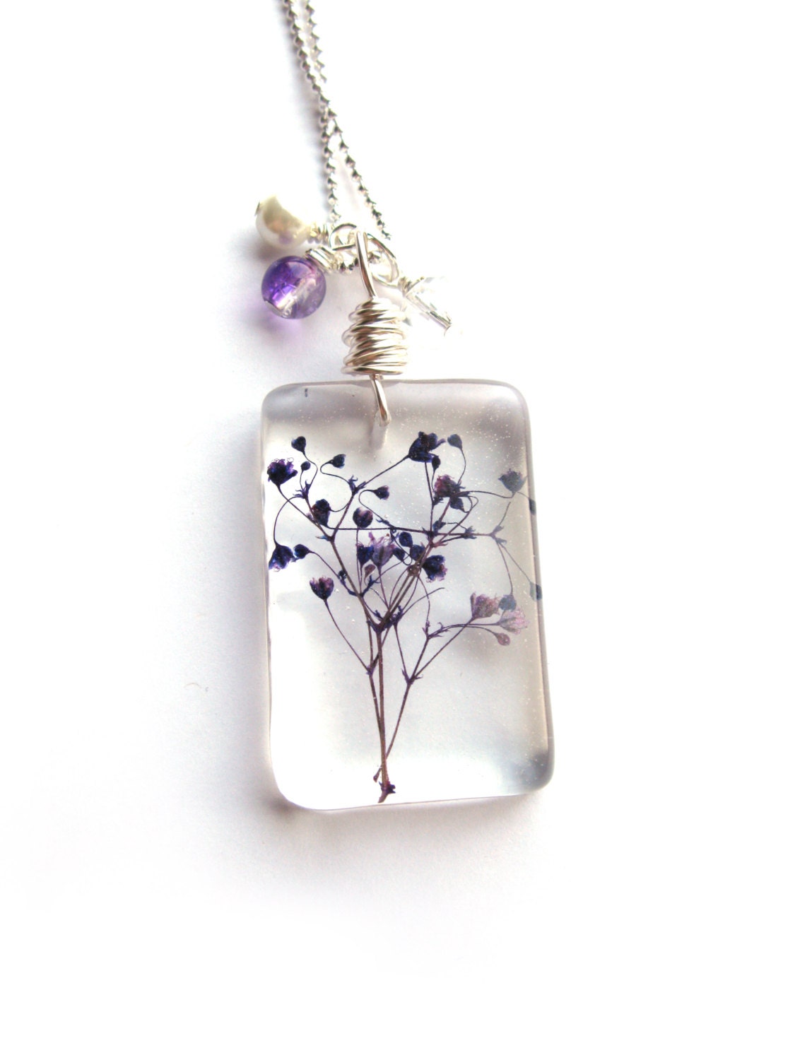 Real Baby Breath Necklace - Real Purple Baby's Breath Encased in Resin - Pressed Flower Jewelry - Resin Necklace - Wire Wrapped Pendant