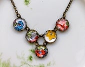 Vintage Floral Handkerchief Bib Necklace - Red, Orange, Blue, Yellow