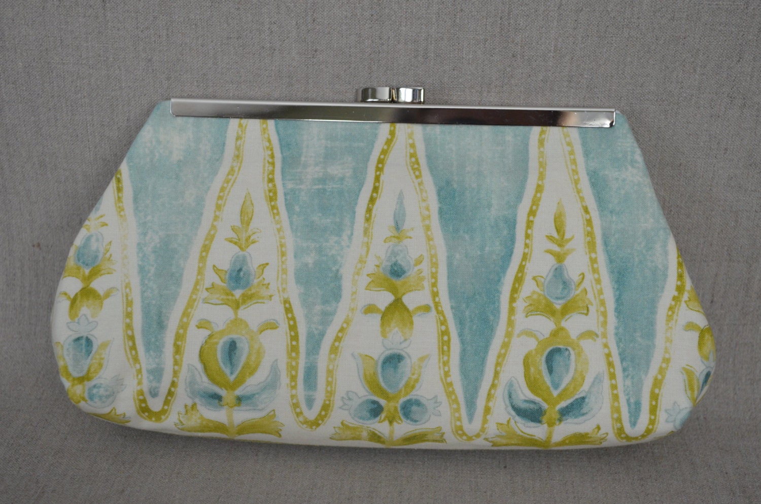 Medium Clutch Purse - Printed Cotton ZigZag Floral Pattern in Aqua and Greens with Polished Silver Frame.