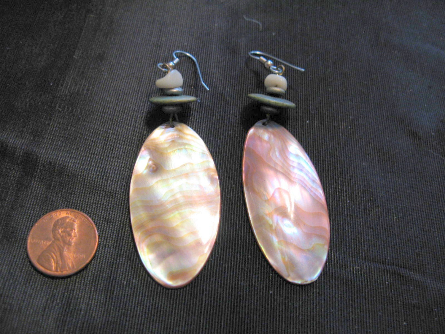 Mother of Pearl Earrings, Retro Jewelry 1980s Pierced Ears, MOP Dangling Earrings Long