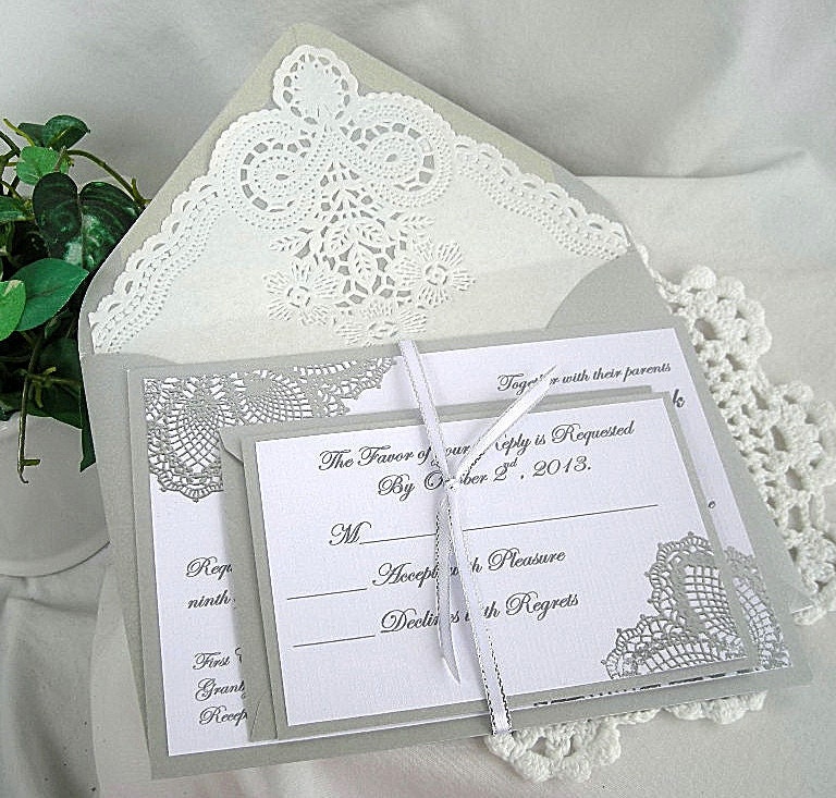 Custom Wedding Invitation & RSVP Doily Lace Metallic Silver Embossed  Elegant Vintage Shabby Chic, 5 Piece Sample - Any Color