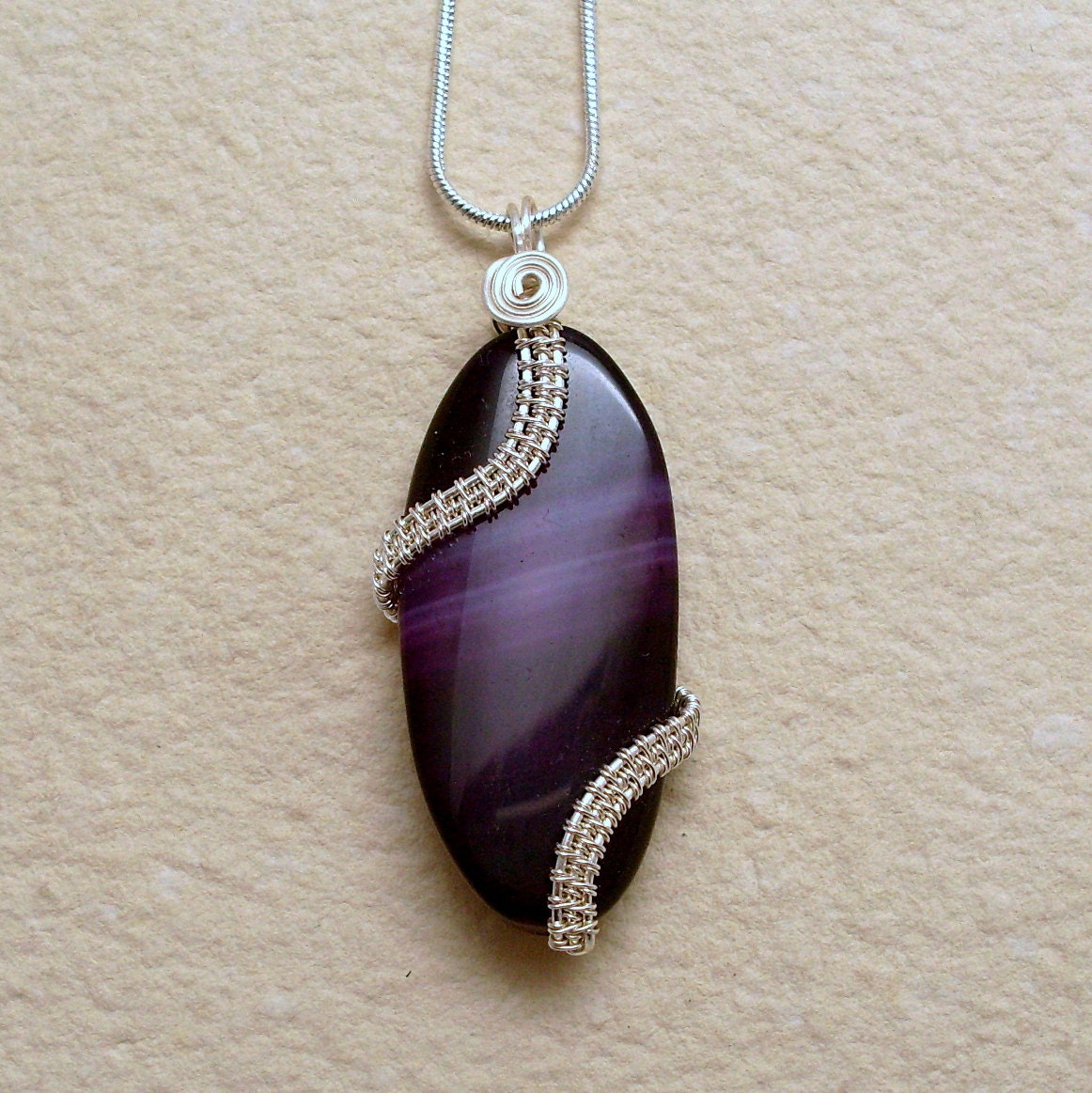 Purple Agate Pendant Necklace, Silver Plated Wire Wrapped Pendant