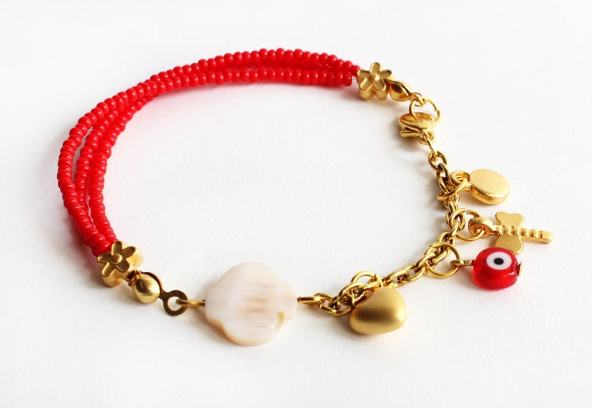 Charm bracelet Red czech seed beads three strand bracelet mother of pearl and gold plated findings evil eye summer bracelet best friend gift