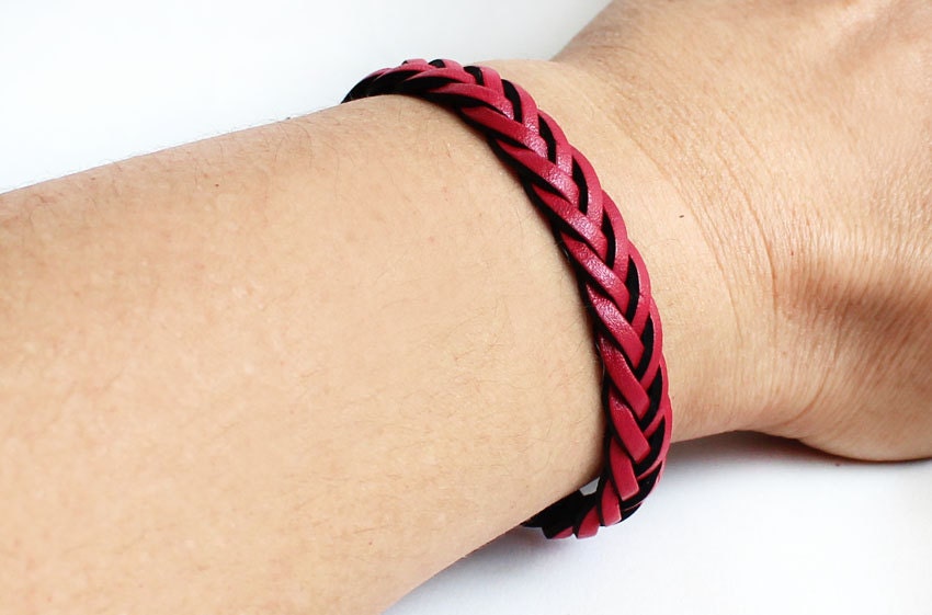 Plait leather bracelet red violet cuff bracelet boho hippie rocker bohemian