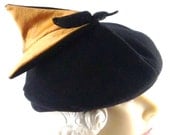 Art Deco 1930s Black Wool Felt Beret with Copper Silk and Veil Bird