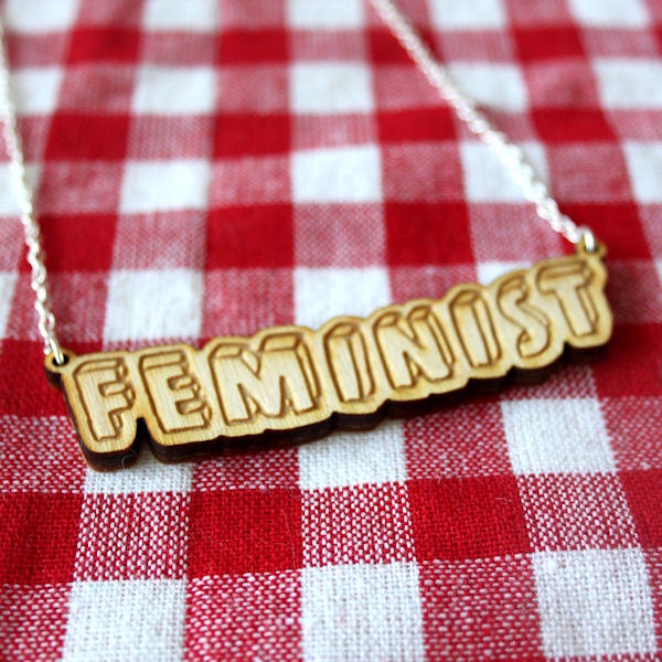 Feminist necklace - laser cut wood