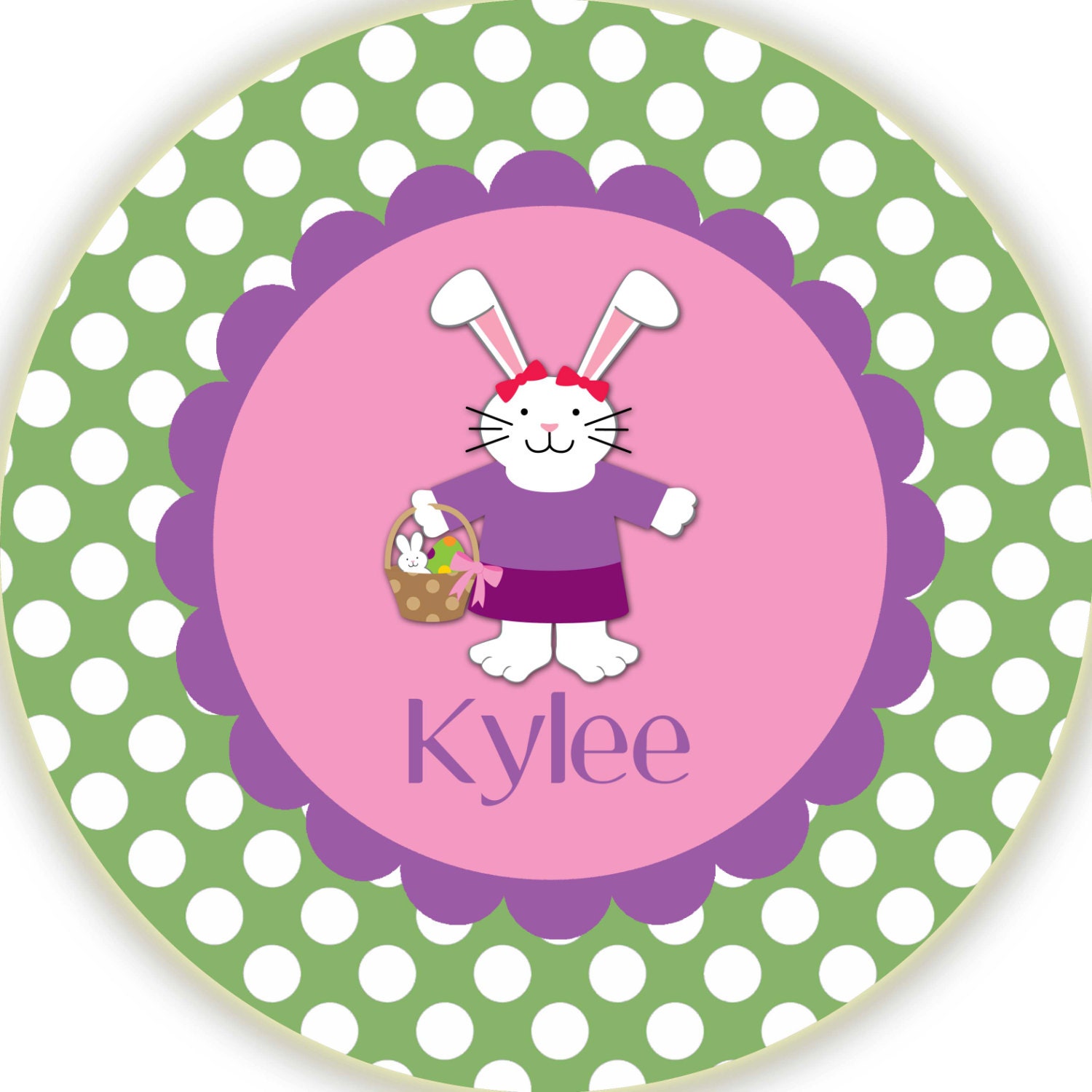 Custom Personalized Easter Bunny with Bows and Easter basket Melamine Plate Polka dot