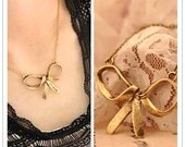 Bow Necklace- Minimalist Antique Bronze BIG Metal Ribbon Bowknot Bowtie Bow Tie Knot Brass Pendant, Bow Jewelry, Sweet Simple Shabby chic