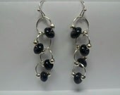 Shiny Black Disc Dangly Earrings on Silver wires, black and silver earrings, black hoop earrings