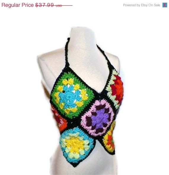 ON SALE Granny Square Halter Top Crochet Retro Colors Spring Fashion