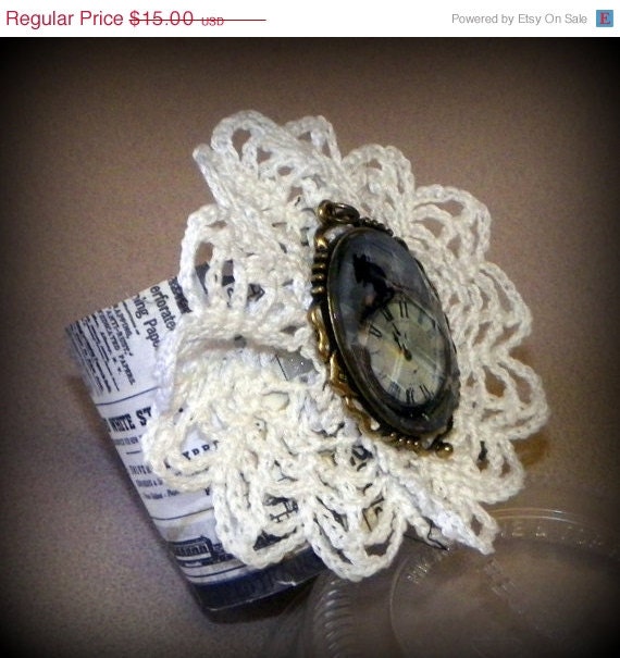 ON SALE Cuff Bracelet Upcycled Recycled From Vintage Vinyl Record Lace And Clock Watch Eco Friendly