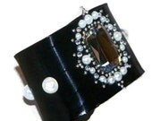 ON SALE Bracelet Cuff Made From Upcycled Recycled Retro Vintage Vinyl Record Black Pearls Gothic Eco Friendly