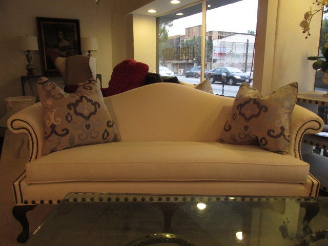 White Linen Sofa with brass nailheads