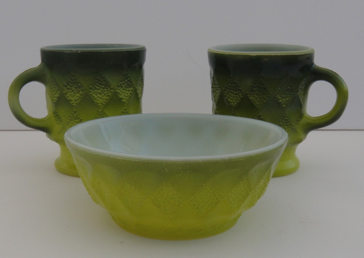 Fire King Anchor Hocking Mugs and Matching Dish in Retro Green, Kimberly pattern