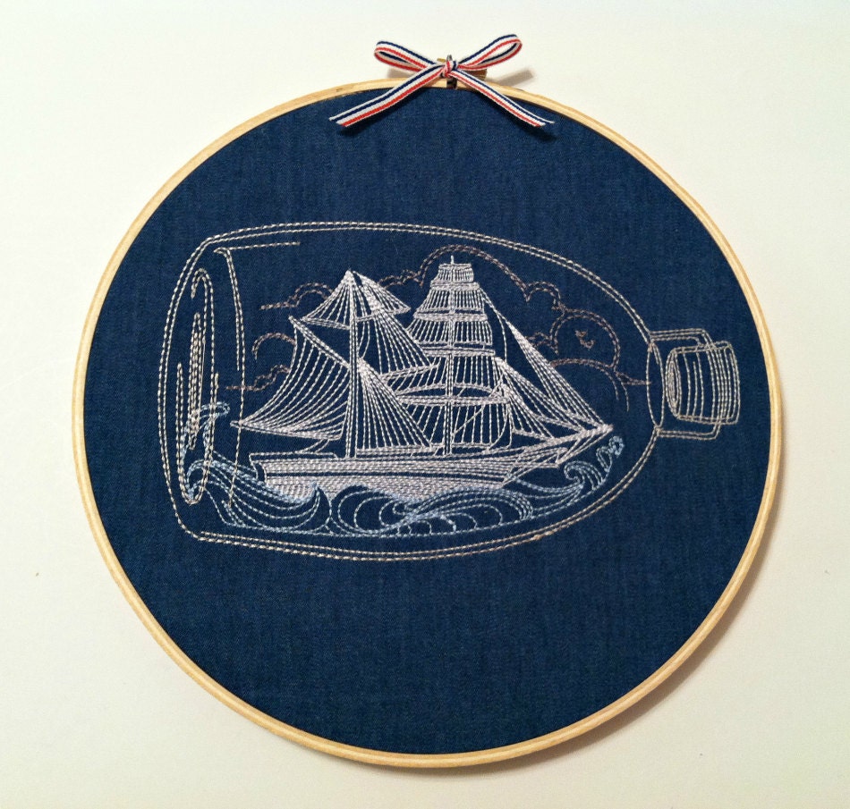 SHIP IN A BOTTLE embroidery hoop art nautical wall decor - knottybirdthreads