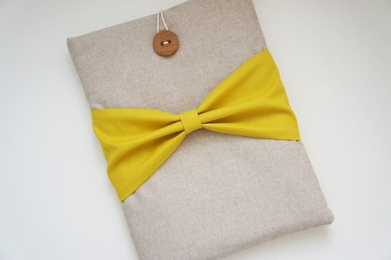 Three Style Bow iPad Sleeve - 3 Spots Movable Bow - Kindle Fire HD - Nook HD Plus - iPad 1-4 Sleeve - Unique Handmade Wood Button