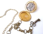 Druzy Victorian Inspired Locket and Skeleton Key Pendant Necklace
