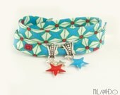 Wrap Bracelet -  Fabric bracelet blue and white - Charms bracelet - stars