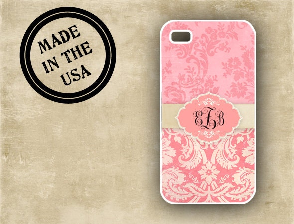 Cottage chic iPhone case - Soft pink damasks monogrammed Iphone 4 case personalized Iphone 4s case Iphone 5 case plastic or silicone (9757)