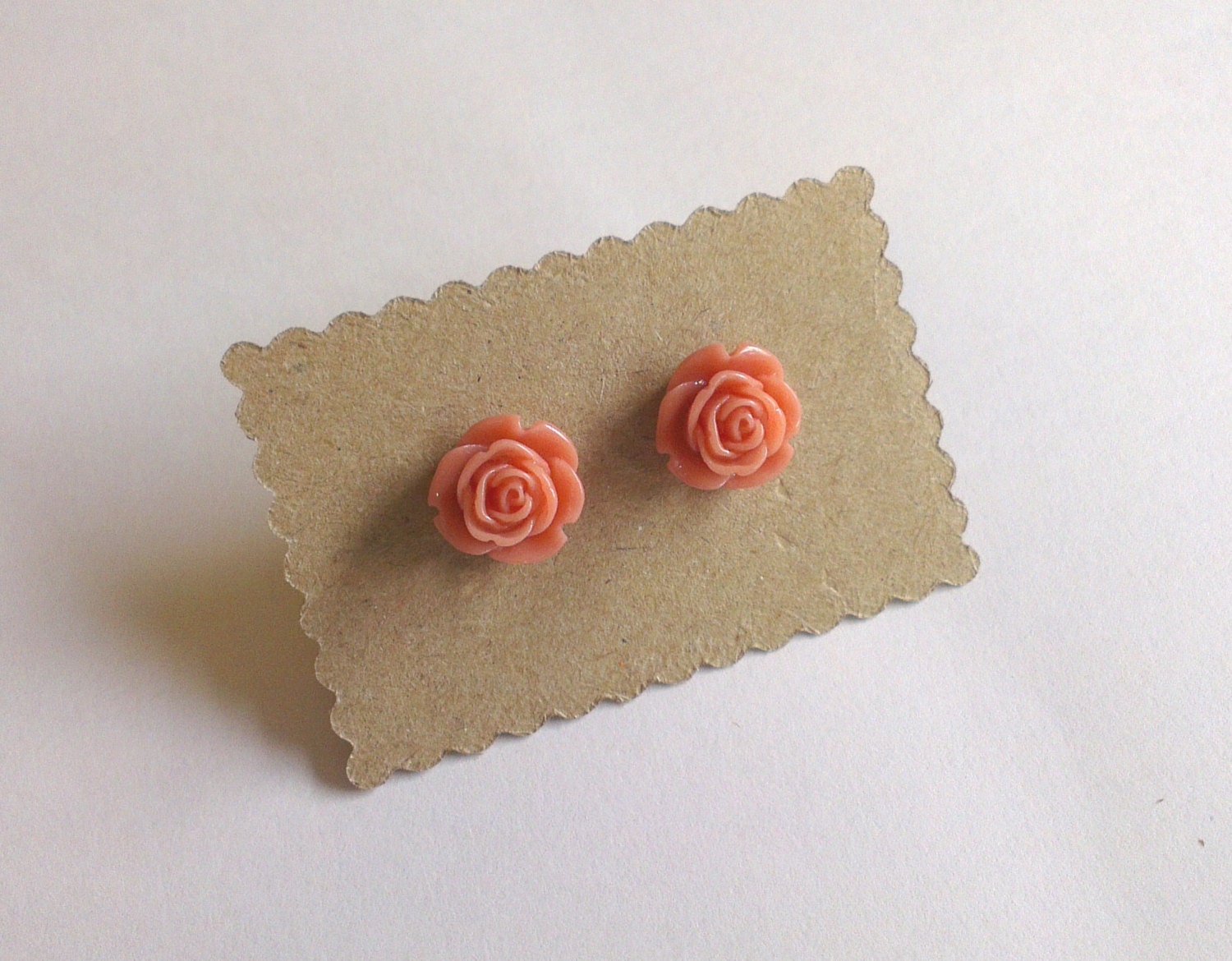 coral vintage style rose stud earrings
