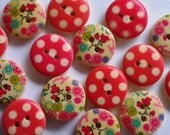 10 red spotty and floral, round wooden buttons, 15mm