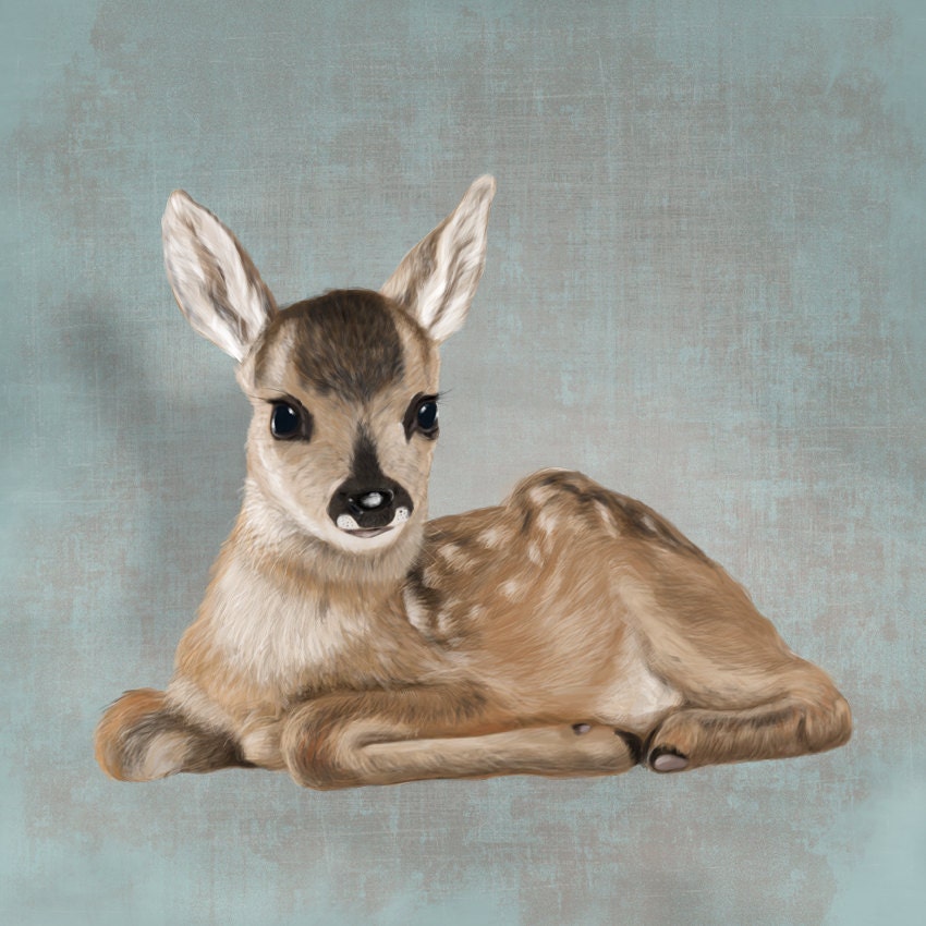 A small fawn on a light blue / grey background (print 6x6) Illustration print on giclée art paper