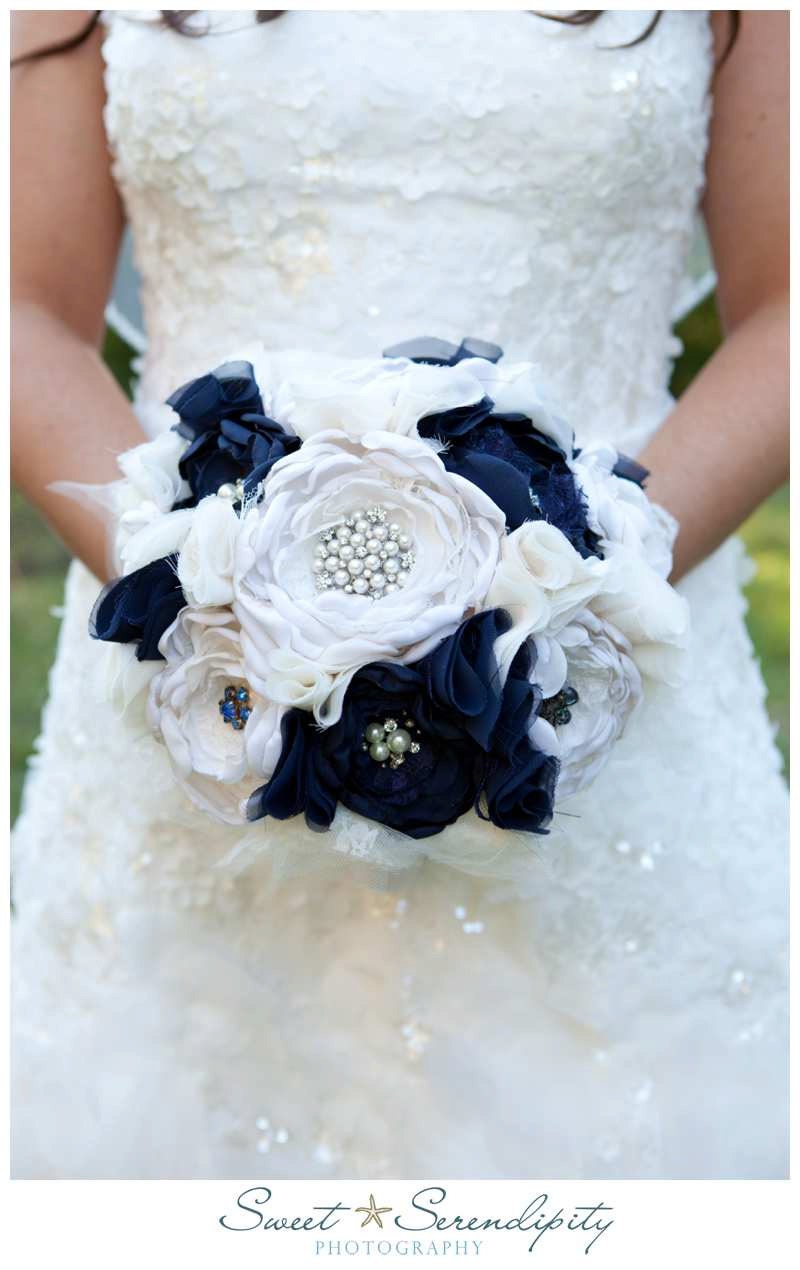 Vintage Fabric Wedding Bouquet Navy, Ivory, Champagne, Brooches, Rhinestones and Pearls.  Custom Order