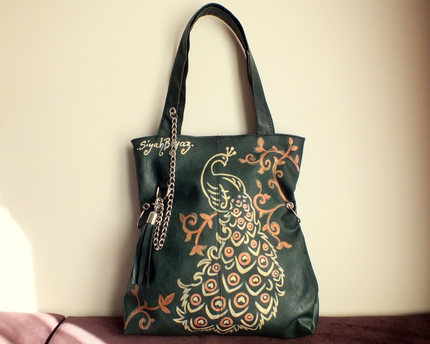 PEACOCK Green faux leather tote bag, hand painted purse