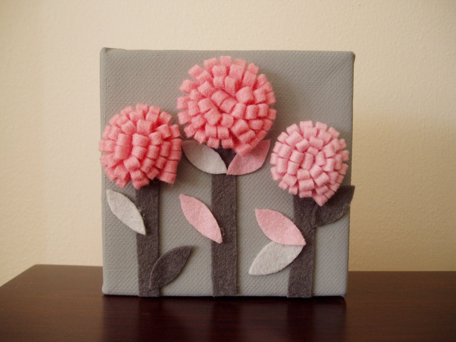 Flower Nursery Wall Art, Painted Canvas with Wool Felt Flowers, Nursery Decor, Pink, Gray