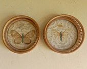 Vintage Wood Coaster Set.Butterfly.Glass.Bamboo.Cottage Decor