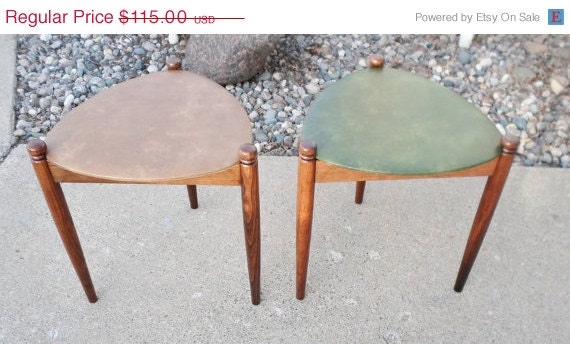 SPRING SALE Vintage Pair of Boomerang End Tables, Foot Stools, Dark Walnut Finish, Padded Vinyl Tops Mid Century Modern, Side Table, Brown,
