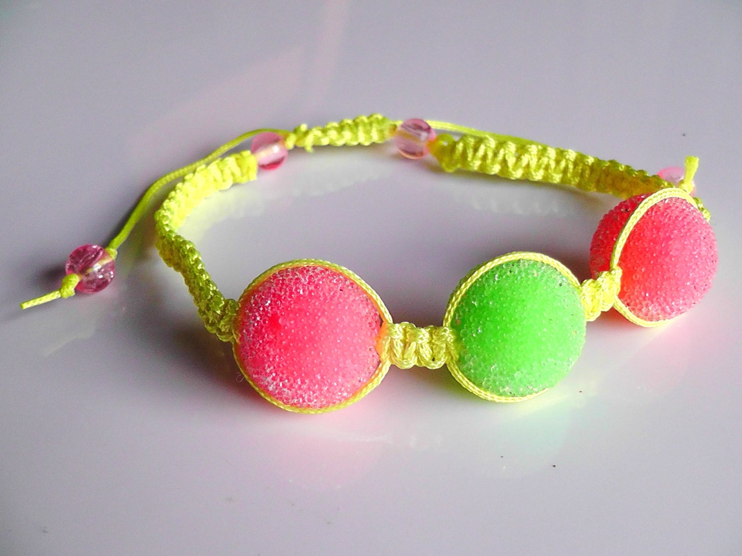 Summer fun neon pink and green bayberry macrame bracelet