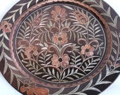 Wall hanging ETCHED copper vintage PLATE. Tulip daisy leaves floral etching craft. Turkish ERZINCAN folk art dish. Shabby brown home decor
