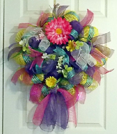 Spring, Summer Deco Mesh Wreath, Purple, Pink, Yellow, Mothers Day Gift, Home Decor, Wall Hanging, Ribbon Wreath