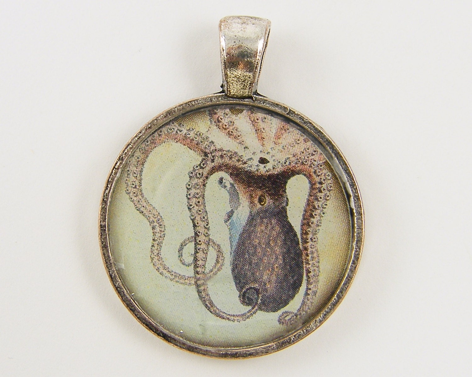 Aqua Octopus Pendant, Art Pendant in Silver, Octopus Pendant, Octopus Necklace Pendant, Tan Silver Sea Life Marine Aquatic Jewelry Charm