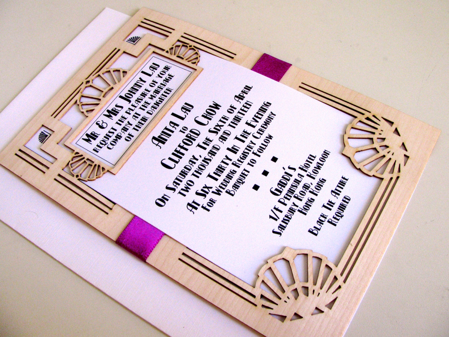 Great Gatsby Wedding Invitation and Response Card: Laser cut Wood Broadway Art Deco Wedding Invitation - SAMPLE LISTING