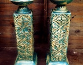 Set of 2 Upcycled ORNATE Metal // Tin TILE Pillar CANDLE Holders - Painted in Turquoise / Distressed  Aged with Antique Finish