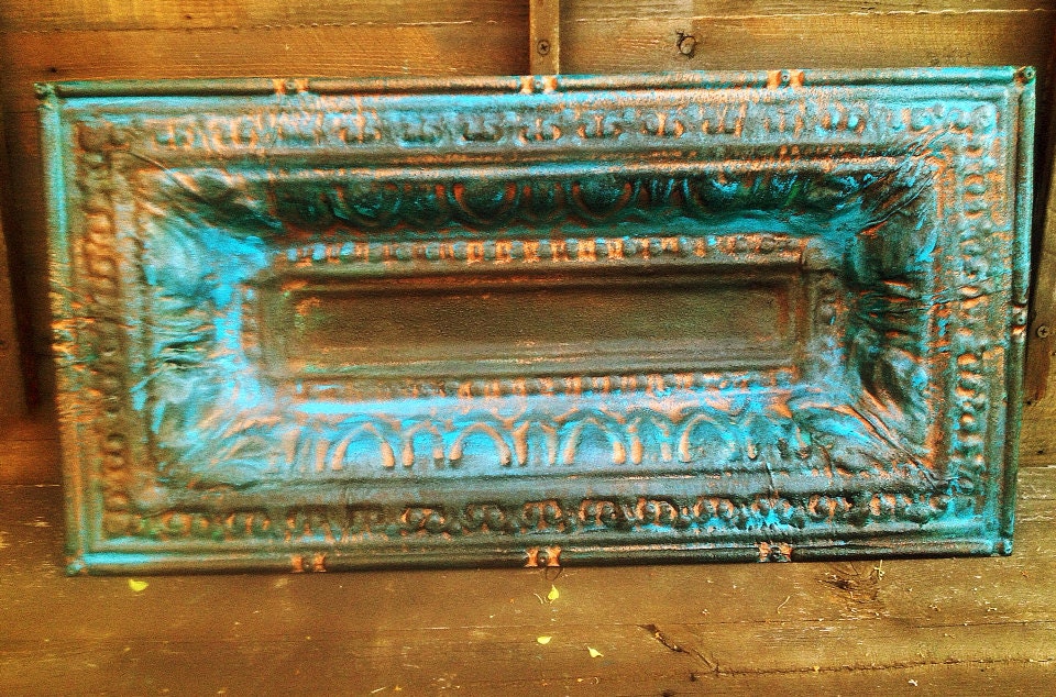 ANTIQUE Rusted CEILING TILE / Wall Decor / Centerpiece  - Upcylcled Painted in Bronze , Teal 