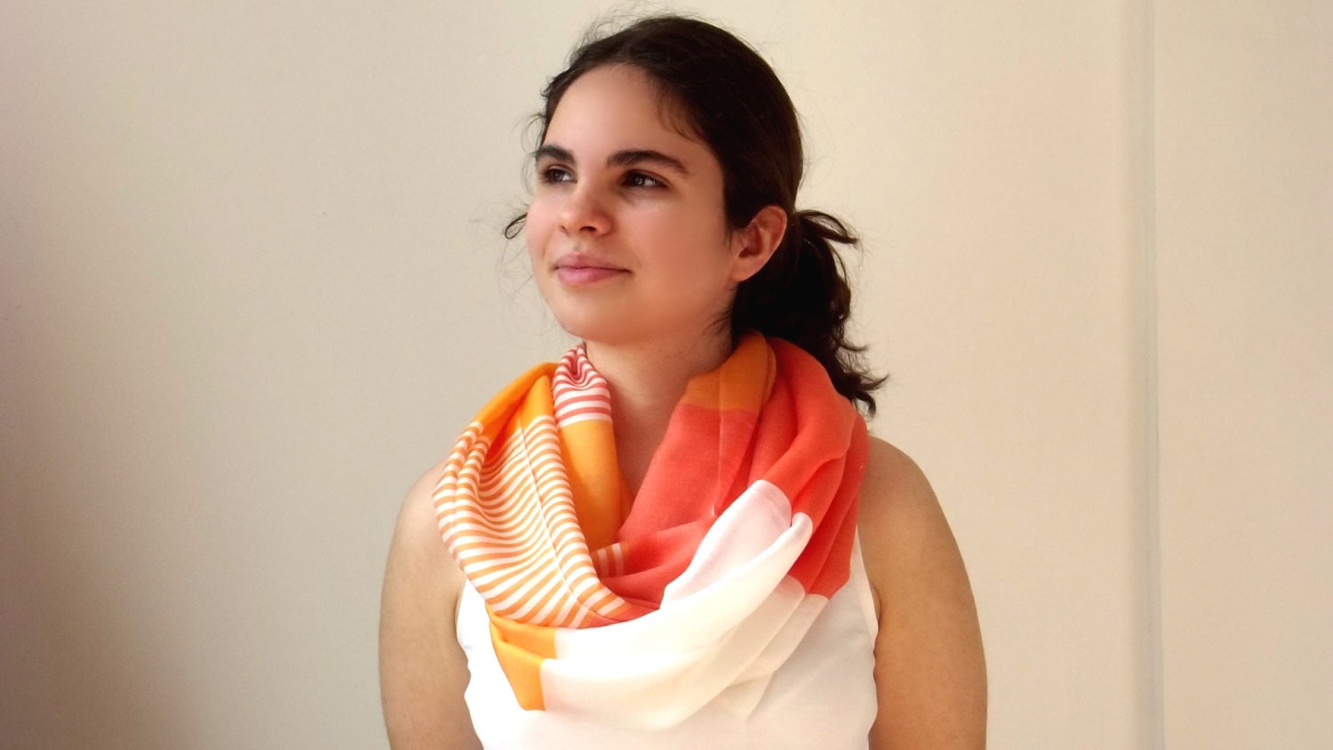Color-Blocked Striped Infinity Scarf Orange Coral and Ivory Spring Fashion