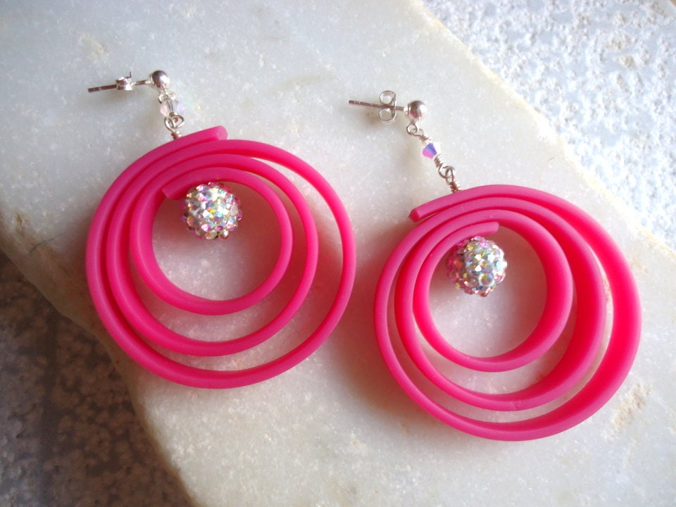 Hot Pink Rubber earrings/Dangle Circle Earrings/Discoball earrings/Geometric/Modern/Minimalist/Girly/Industrial/Sping Summer 2013 trend