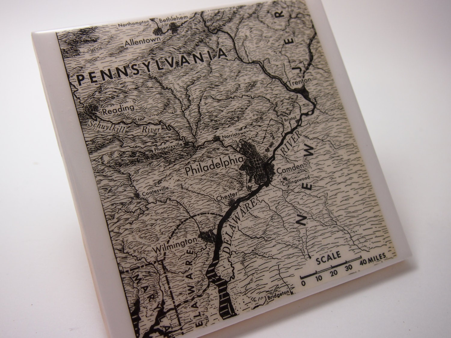 1945 Philadelphia Pennsylvania Handmade Vintage Map Coaster - Ceramic Tile Coaster - Repurposed 1940s Geography Textbook - OOAK Coaster