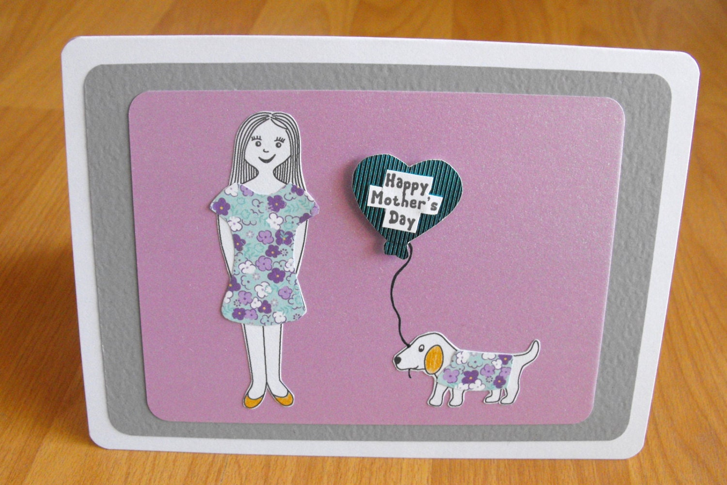 Mothers Day Card - Paper Doll Mom & Dog Handmade Mixed Media Design